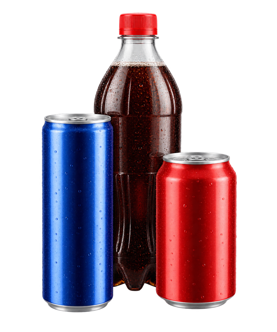 Generic soda bottle and drink cans